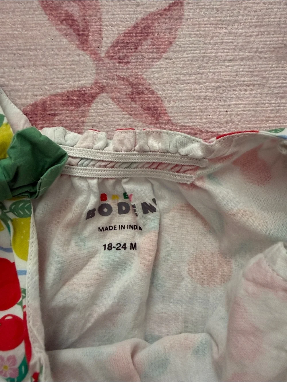 Boden Multi-Colored Fruit Print Romper with Green Tie Straps